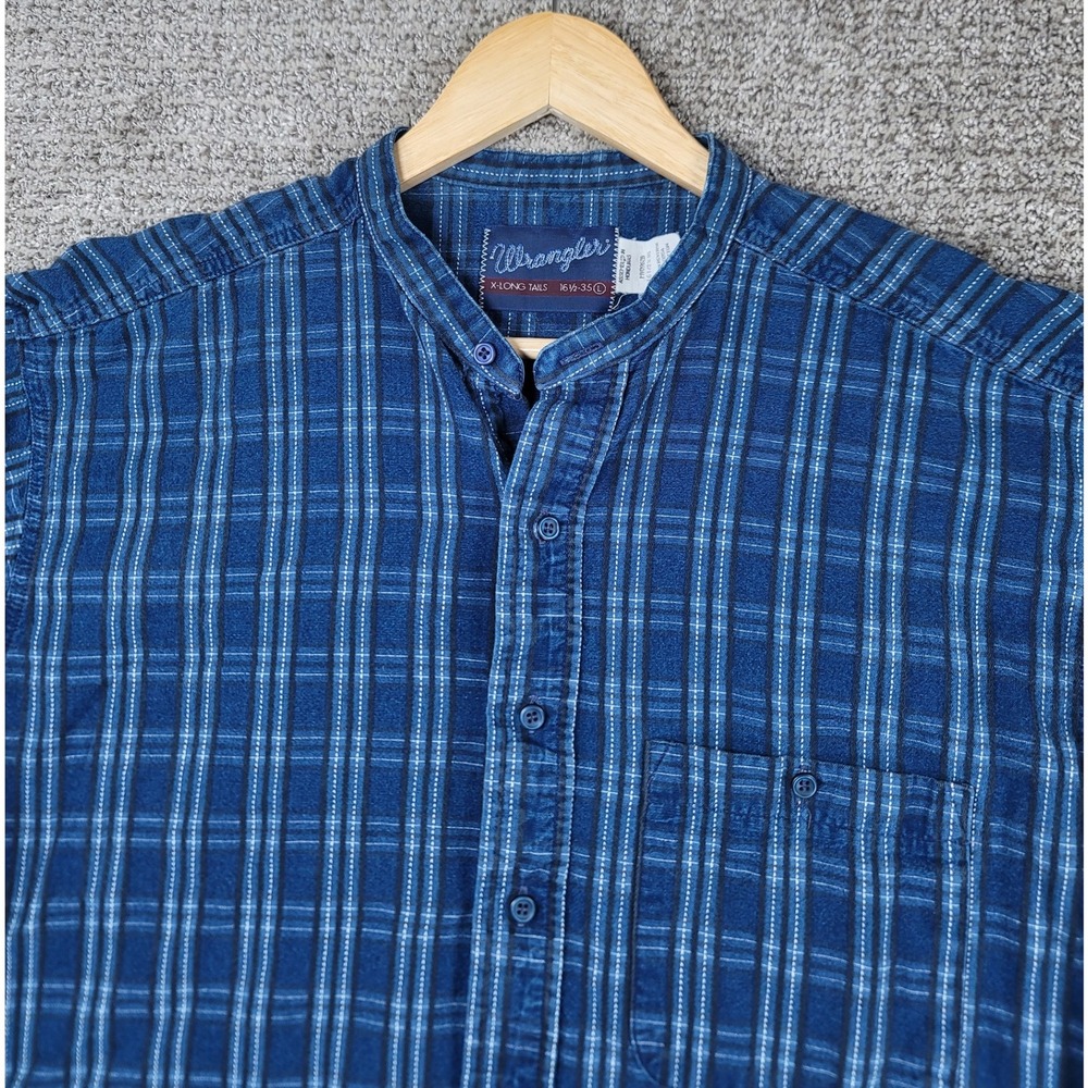 Wrangler X Long Tails Mens Blue Plaid Band Collar Long Sleeve Shirt L 16 1/2 35 - Picture 1 of 8